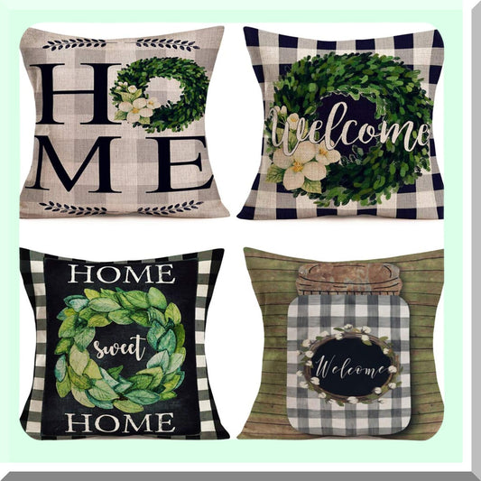 Buffalo Check Plaid Home Sweet Home Pillow Covers - Rustic Farmhouse Decor Set of 4, Vintage Quote Wreath Throw Cases, Cotton Linen Cushion Cover 18x18"