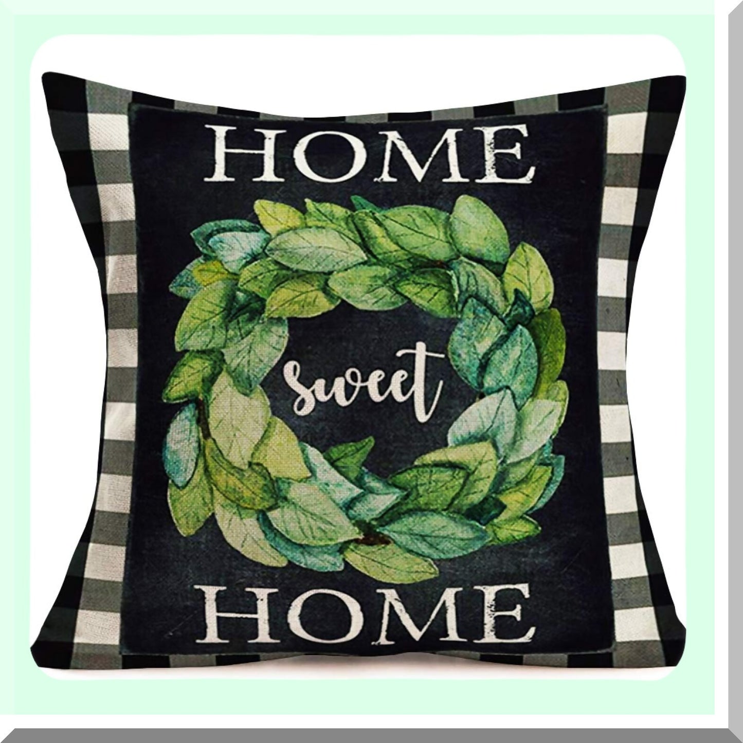 Buffalo Check Plaid Home Sweet Home Pillow Covers - Rustic Farmhouse Decor Set of 4, Vintage Quote Wreath Throw Cases, Cotton Linen Cushion Cover 18x18"