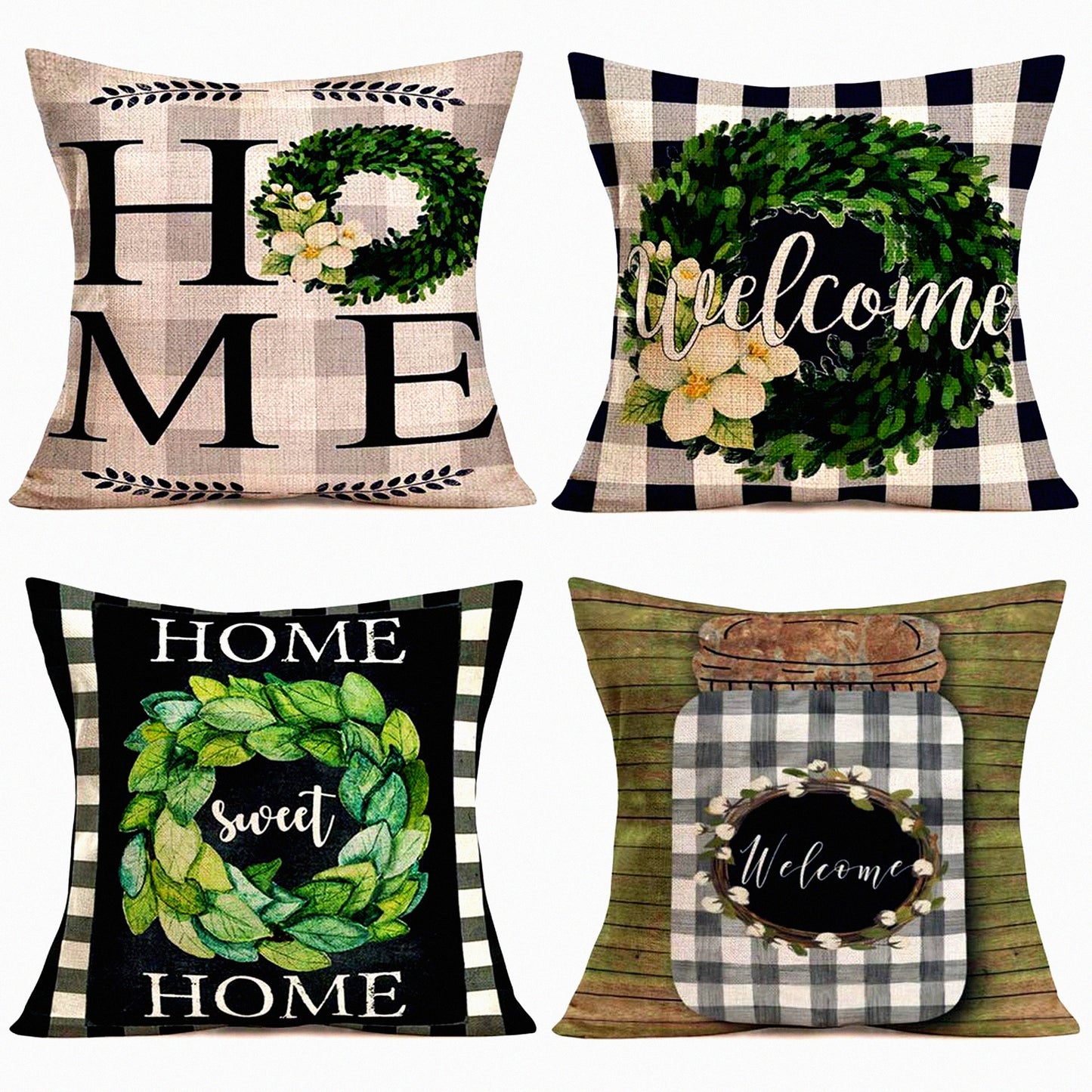 Buffalo Check Plaid Home Sweet Home Pillow Covers - Rustic Farmhouse Decor Set of 4, Vintage Quote Wreath Throw Cases, Cotton Linen Cushion Cover 18x18"