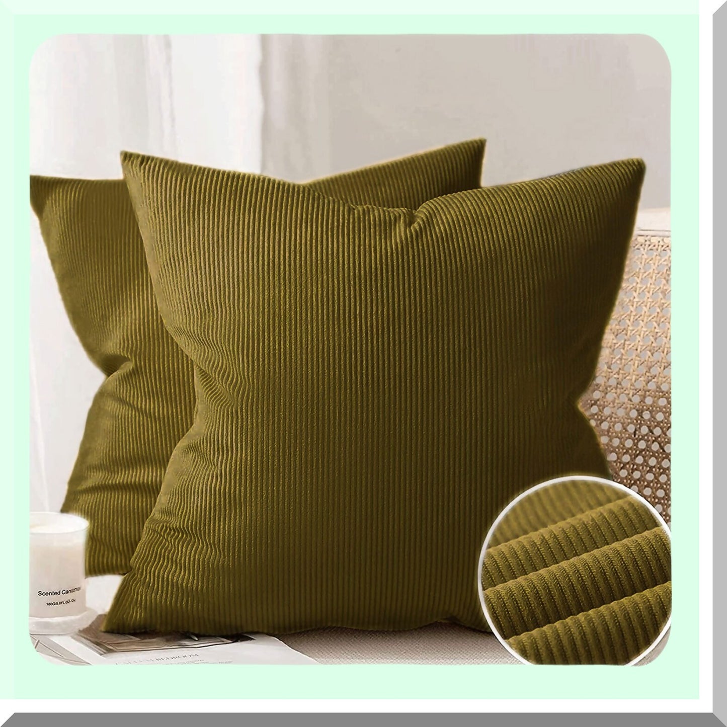 Boho Corduroy Throw Pillow Covers - Set of 2, Soft Square Cushion Cases for Couch, Sofa, Living Room, Bedroom - 18x18 Inch Kiwi Green Accent