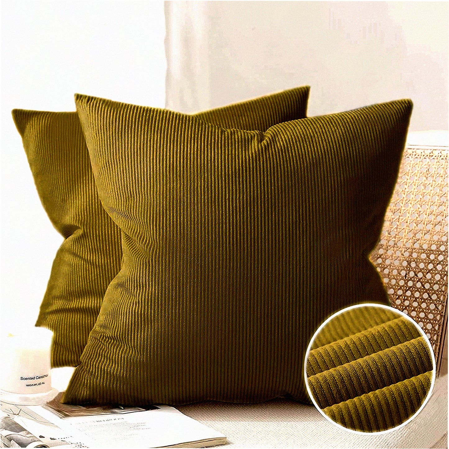 Boho Corduroy Throw Pillow Covers - Set of 2, Soft Square Cushion Cases for Couch, Sofa, Living Room, Bedroom - 18x18 Inch Kiwi Green Accent