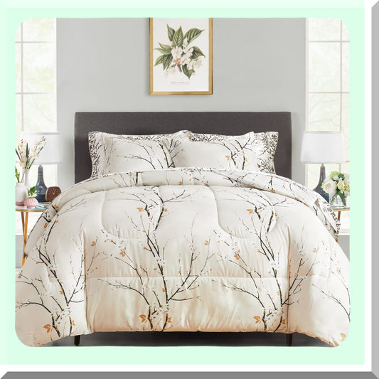 Branch Style All Season Soft Microfiber Reversible Bedding Set - Queen Size 7 Piece Comforter Set with Pillow Shams, Sheets, and Pillowcases - Cream White Bed in a Bag