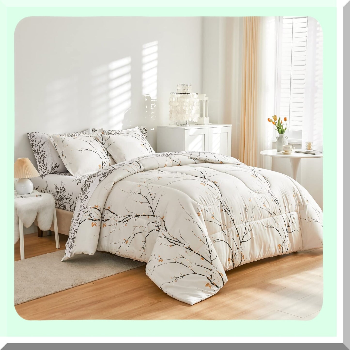 Branch Style All Season Soft Microfiber Reversible Bedding Set - Queen Size 7 Piece Comforter Set with Pillow Shams, Sheets, and Pillowcases - Cream White Bed in a Bag