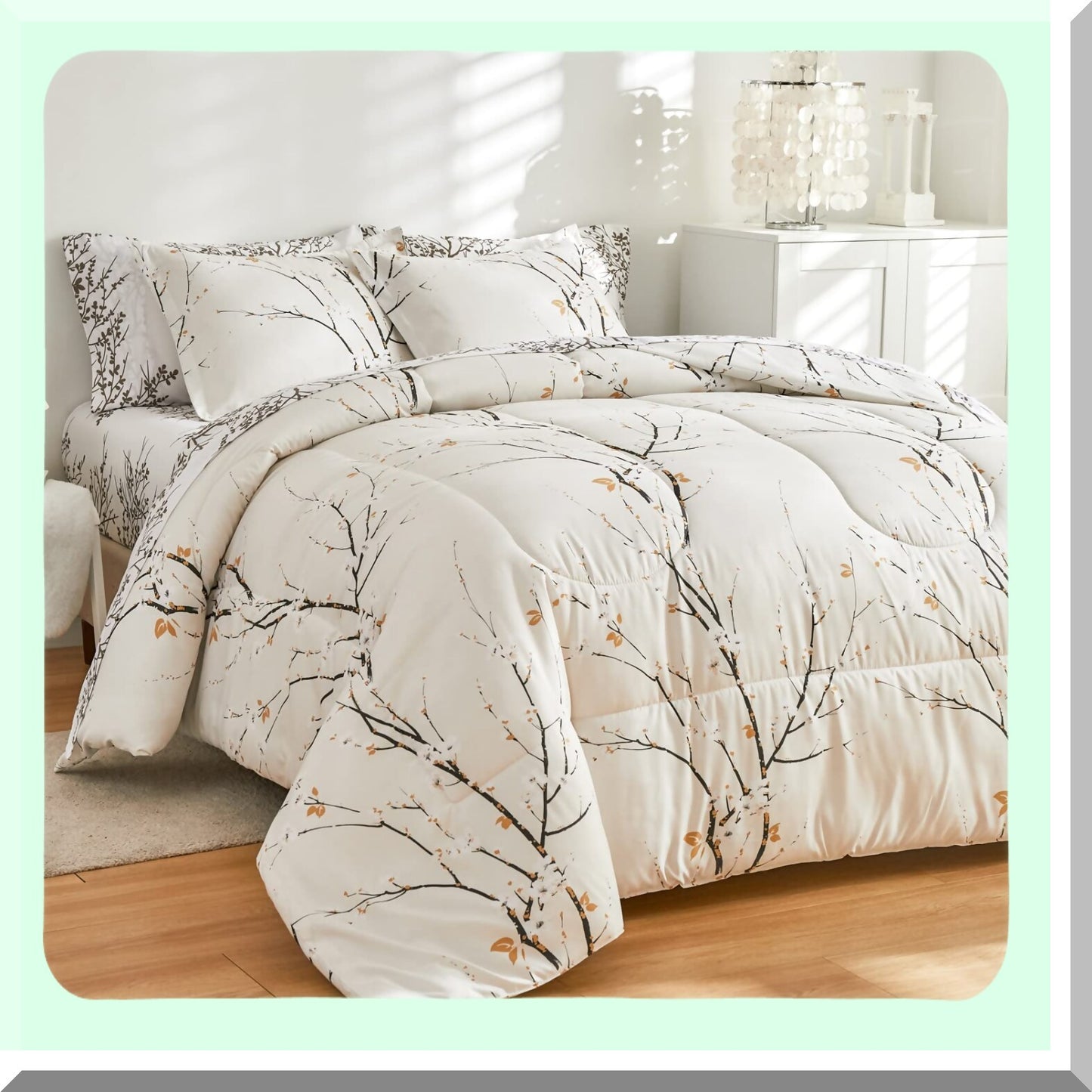 Branch Style All Season Soft Microfiber Reversible Bedding Set - Queen Size 7 Piece Comforter Set with Pillow Shams, Sheets, and Pillowcases - Cream White Bed in a Bag