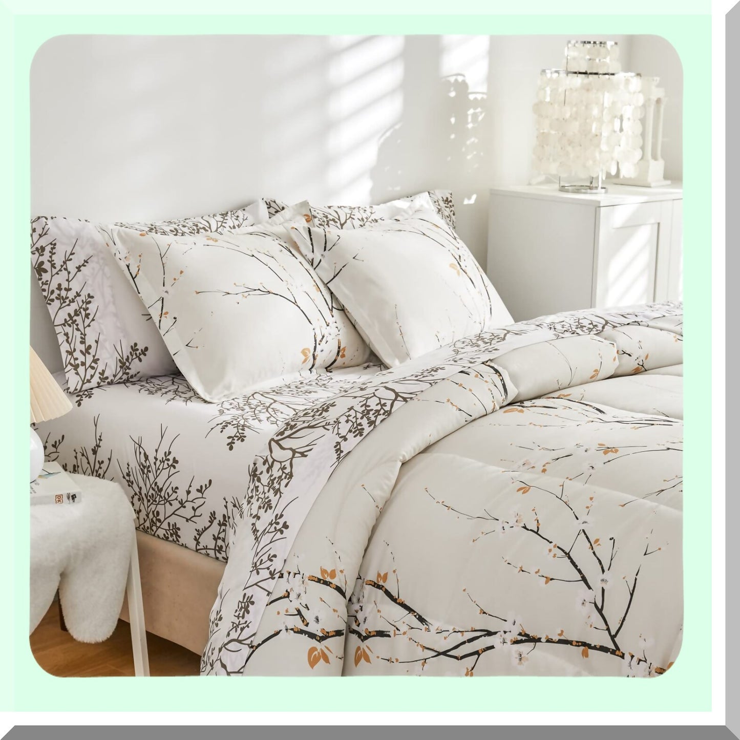 Branch Style All Season Soft Microfiber Reversible Bedding Set - Queen Size 7 Piece Comforter Set with Pillow Shams, Sheets, and Pillowcases - Cream White Bed in a Bag