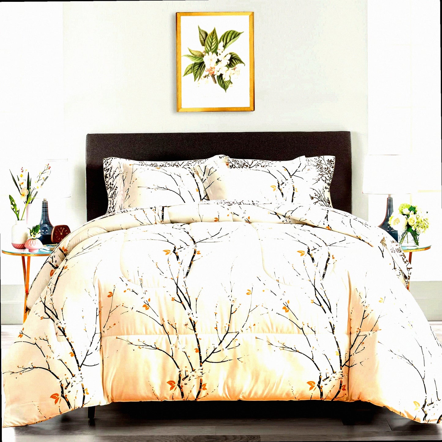 Branch Style All Season Soft Microfiber Reversible Bedding Set - Queen Size 7 Piece Comforter Set with Pillow Shams, Sheets, and Pillowcases - Cream White Bed in a Bag