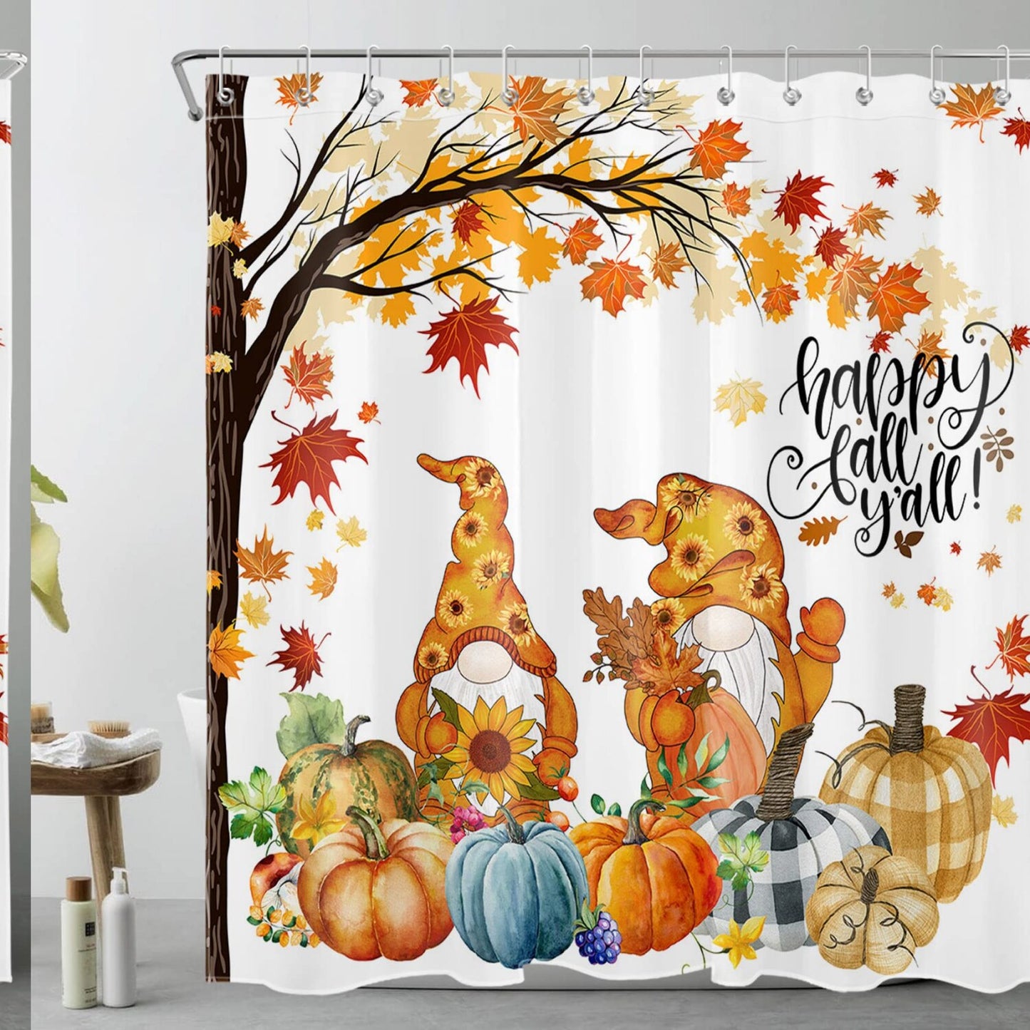 Fall Gnome Watercolor Pumpkin Shower Curtain 70x70 inches