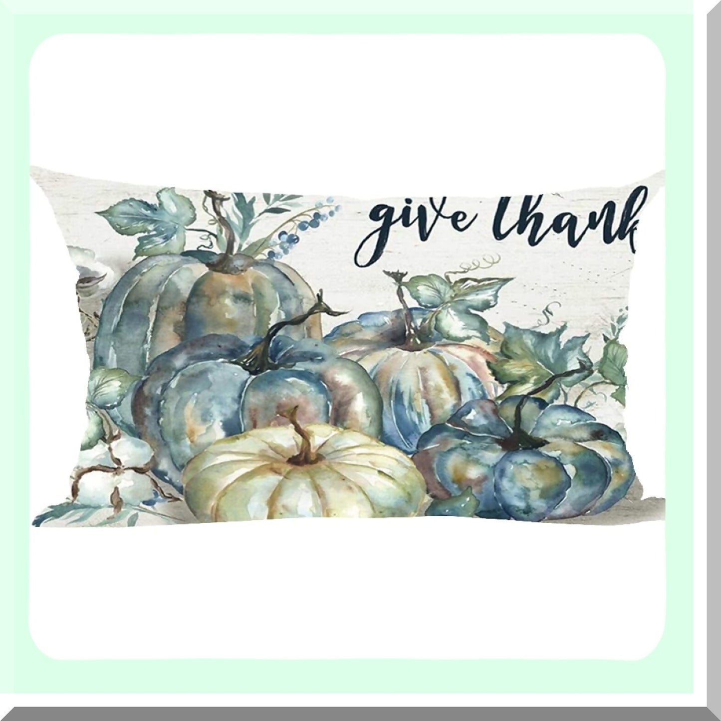Fall Harvest Watercolor Pumpkins Decorative Lumbar Pillow Cover - Blue Green Ink Painting - Give Thanks - Home Living Room Bed Sofa Car - Cotton Linen - 12 x 20 Inches