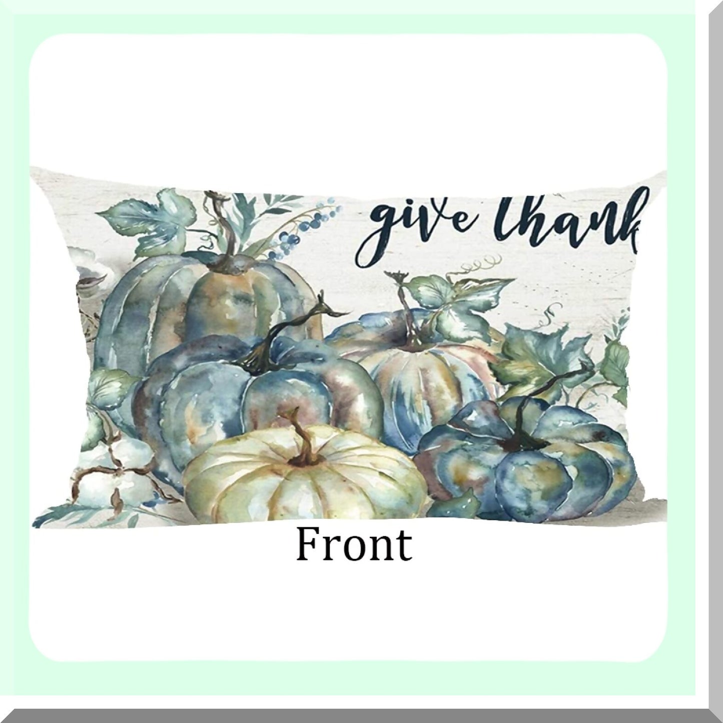 Fall Harvest Watercolor Pumpkins Decorative Lumbar Pillow Cover - Blue Green Ink Painting - Give Thanks - Home Living Room Bed Sofa Car - Cotton Linen - 12 x 20 Inches