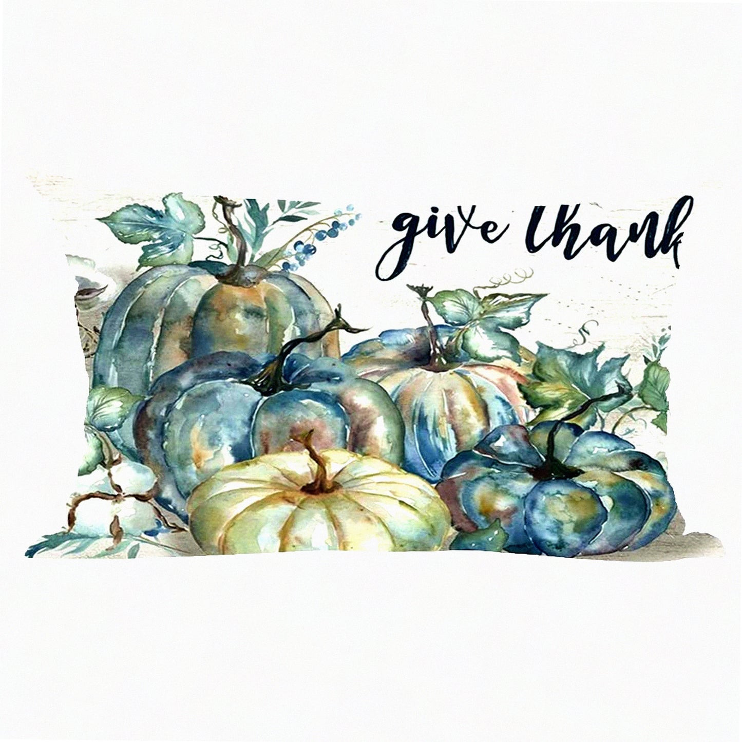 Fall Harvest Watercolor Pumpkins Decorative Lumbar Pillow Cover - Blue Green Ink Painting - Give Thanks - Home Living Room Bed Sofa Car - Cotton Linen - 12 x 20 Inches