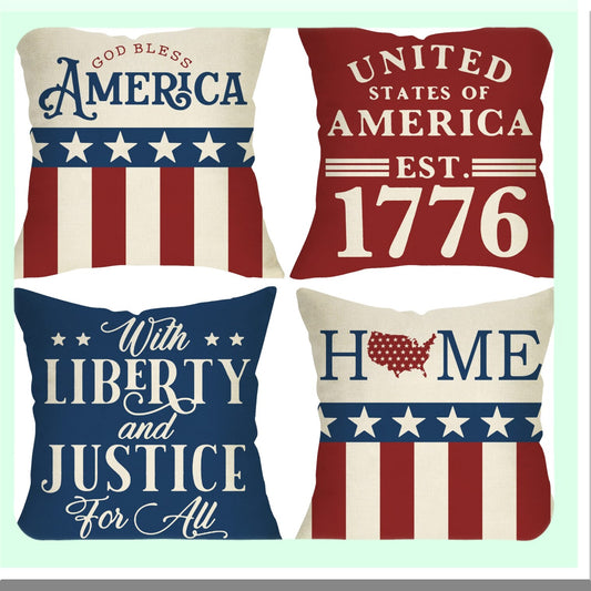 Patriotic Star Stripe Blessing Throw Pillow Set - Liberty & Justice Cushion Case - USA United States Decor - 4th of July Home Decor 18x18 - Set of 4
