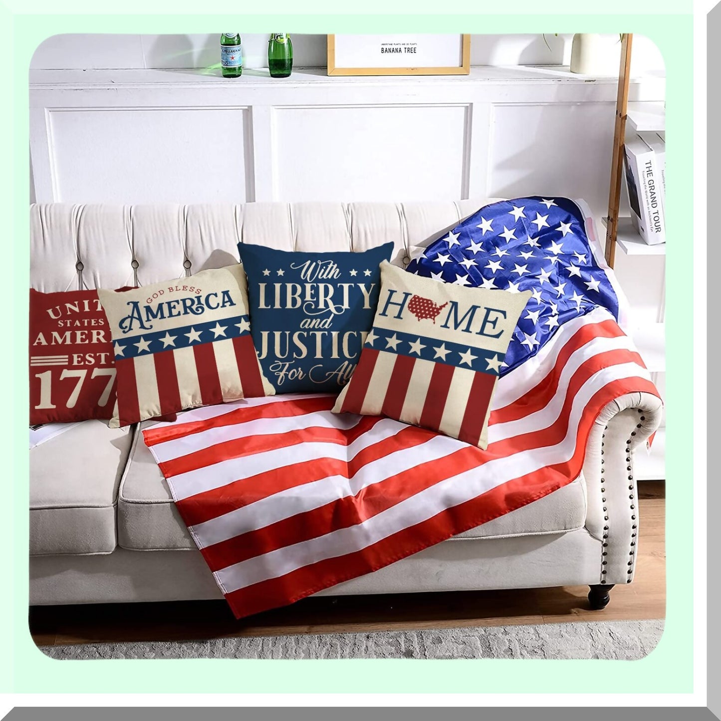 Patriotic Star Stripe Blessing Throw Pillow Set - Liberty & Justice Cushion Case - USA United States Decor - 4th of July Home Decor 18x18 - Set of 4