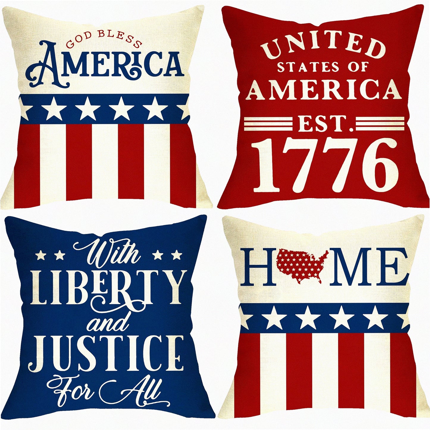 Patriotic Star Stripe Blessing Throw Pillow Set - Liberty & Justice Cushion Case - USA United States Decor - 4th of July Home Decor 18x18 - Set of 4