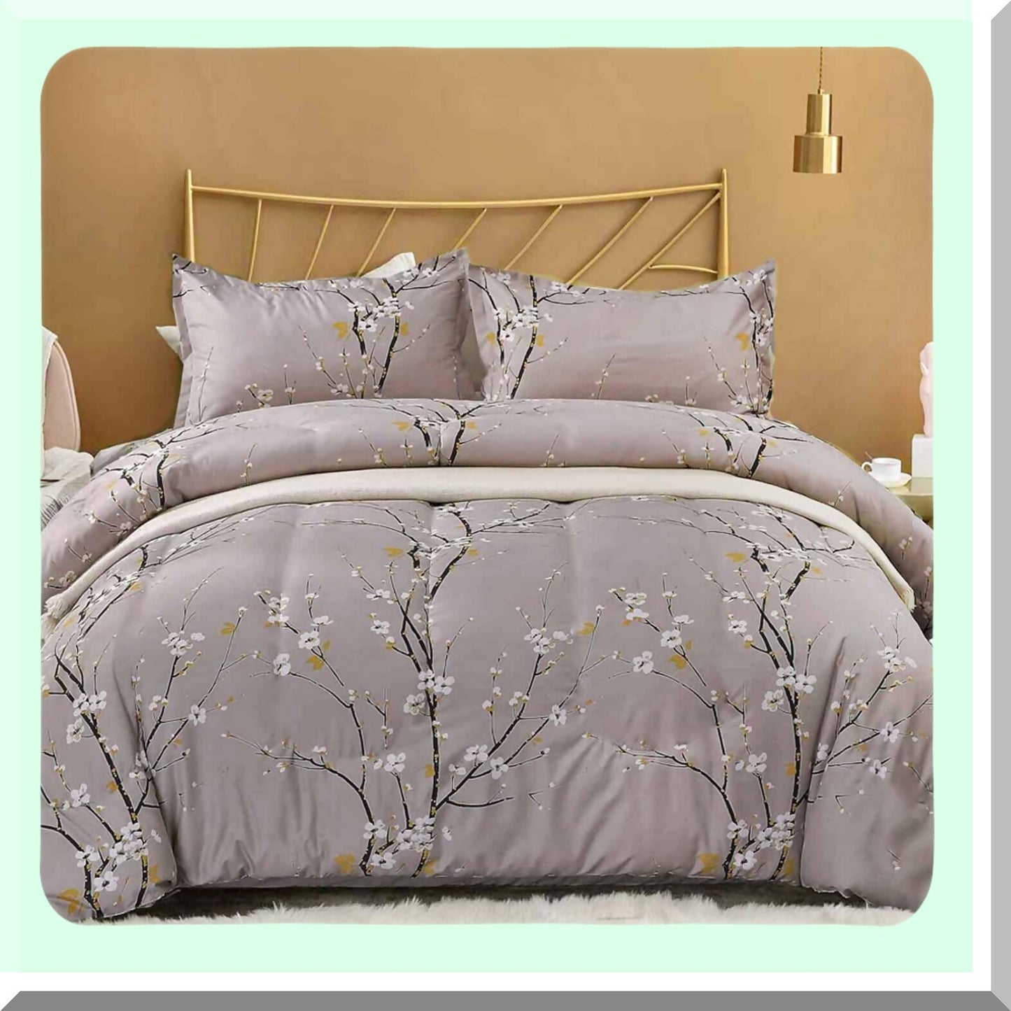 Pastel Bloom Farmhouse Comforter Set - Queen Size 3pc Bedding with Grey Floral Print, Soft Microfiber All Season Quilted Comforter & 2 Pillowshams for Men and Women. 88 x 90 inch Gray Flower Design.