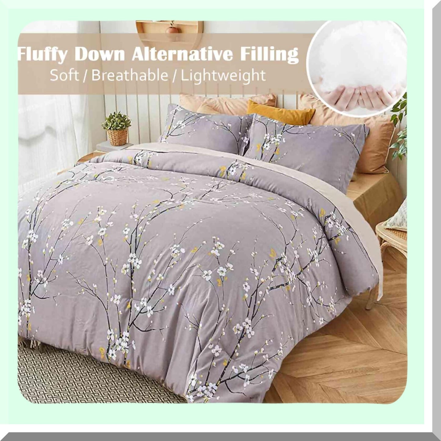 Pastel Bloom Farmhouse Comforter Set - Queen Size 3pc Bedding with Grey Floral Print, Soft Microfiber All Season Quilted Comforter & 2 Pillowshams for Men and Women. 88 x 90 inch Gray Flower Design.