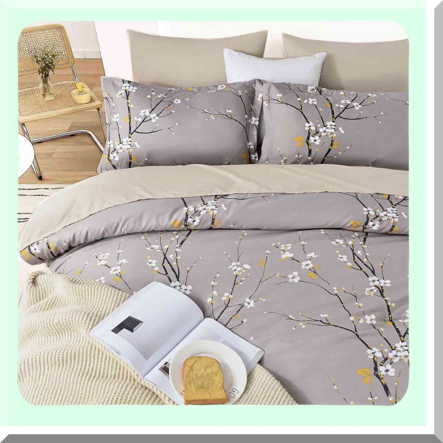 Pastel Bloom Farmhouse Comforter Set - Queen Size 3pc Bedding with Grey Floral Print, Soft Microfiber All Season Quilted Comforter & 2 Pillowshams for Men and Women. 88 x 90 inch Gray Flower Design.