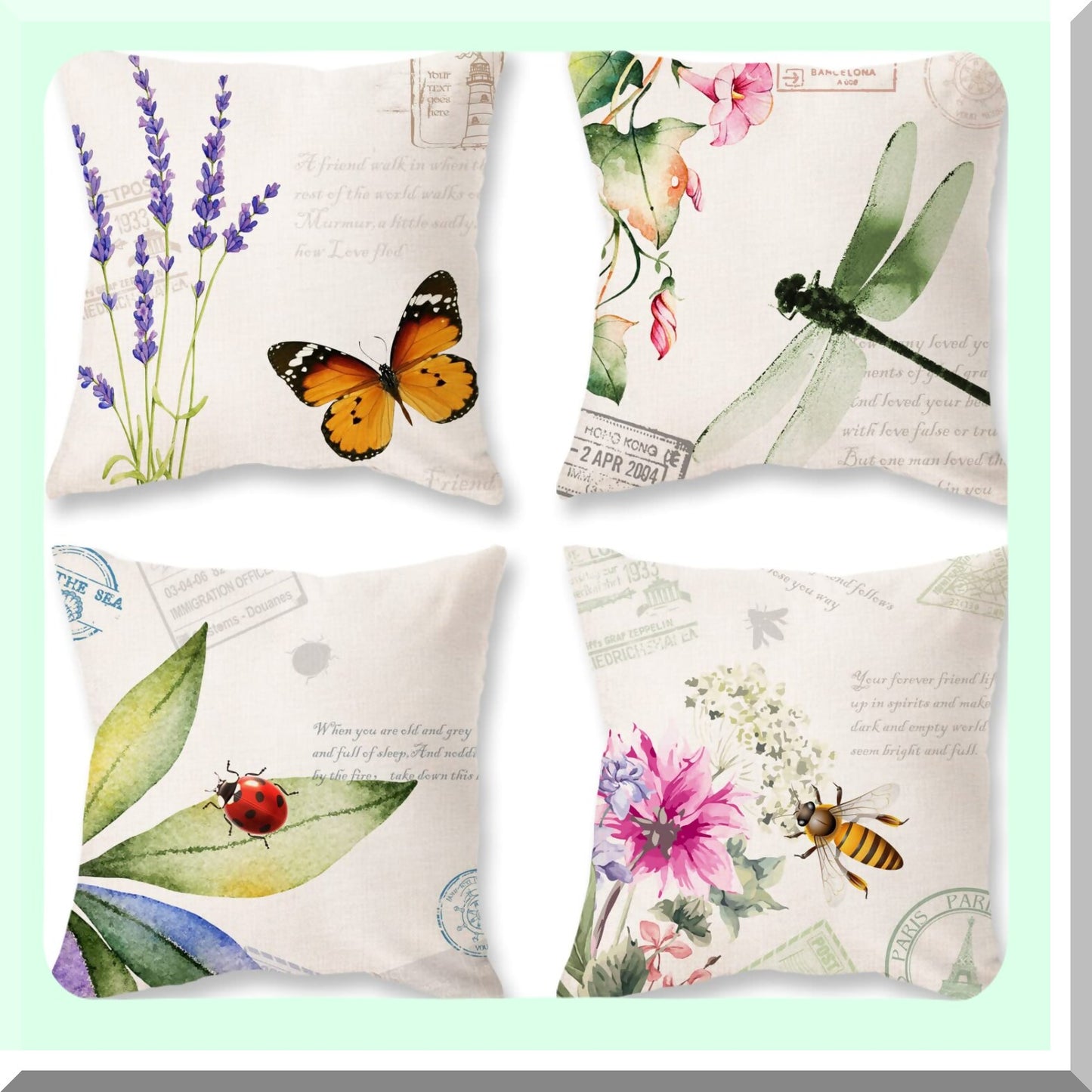 Nature's Garden Critter Pillow Covers - Set of 4 | Bee, Butterfly, Dragonfly, Ladybug Decor | Leaf, Lavender, Flower Design | Outdoor Decorative Throw Pillows 18x18"