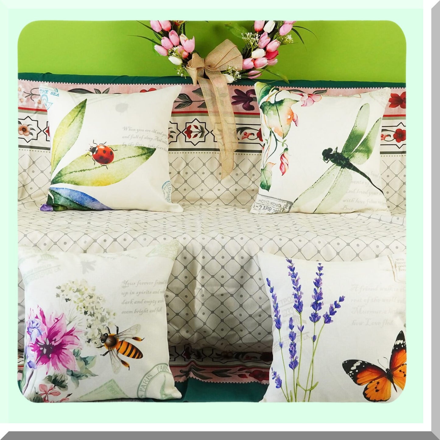 Nature's Garden Critter Pillow Covers - Set of 4 | Bee, Butterfly, Dragonfly, Ladybug Decor | Leaf, Lavender, Flower Design | Outdoor Decorative Throw Pillows 18x18"