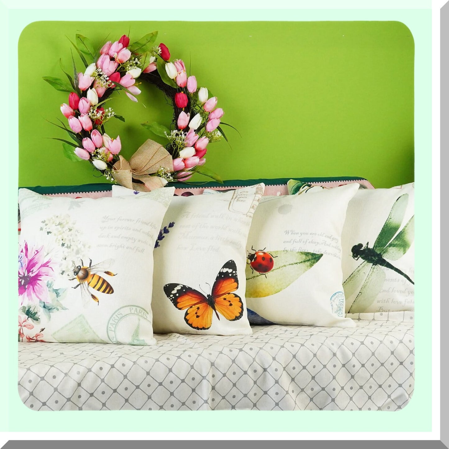 Nature's Garden Critter Pillow Covers - Set of 4 | Bee, Butterfly, Dragonfly, Ladybug Decor | Leaf, Lavender, Flower Design | Outdoor Decorative Throw Pillows 18x18"