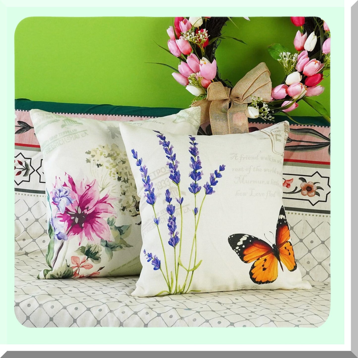 Nature's Garden Critter Pillow Covers - Set of 4 | Bee, Butterfly, Dragonfly, Ladybug Decor | Leaf, Lavender, Flower Design | Outdoor Decorative Throw Pillows 18x18"