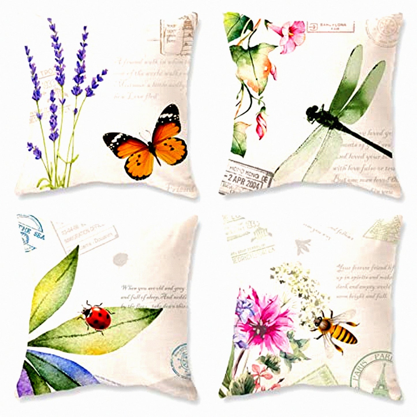 Nature's Garden Critter Pillow Covers - Set of 4 | Bee, Butterfly, Dragonfly, Ladybug Decor | Leaf, Lavender, Flower Design | Outdoor Decorative Throw Pillows 18x18"