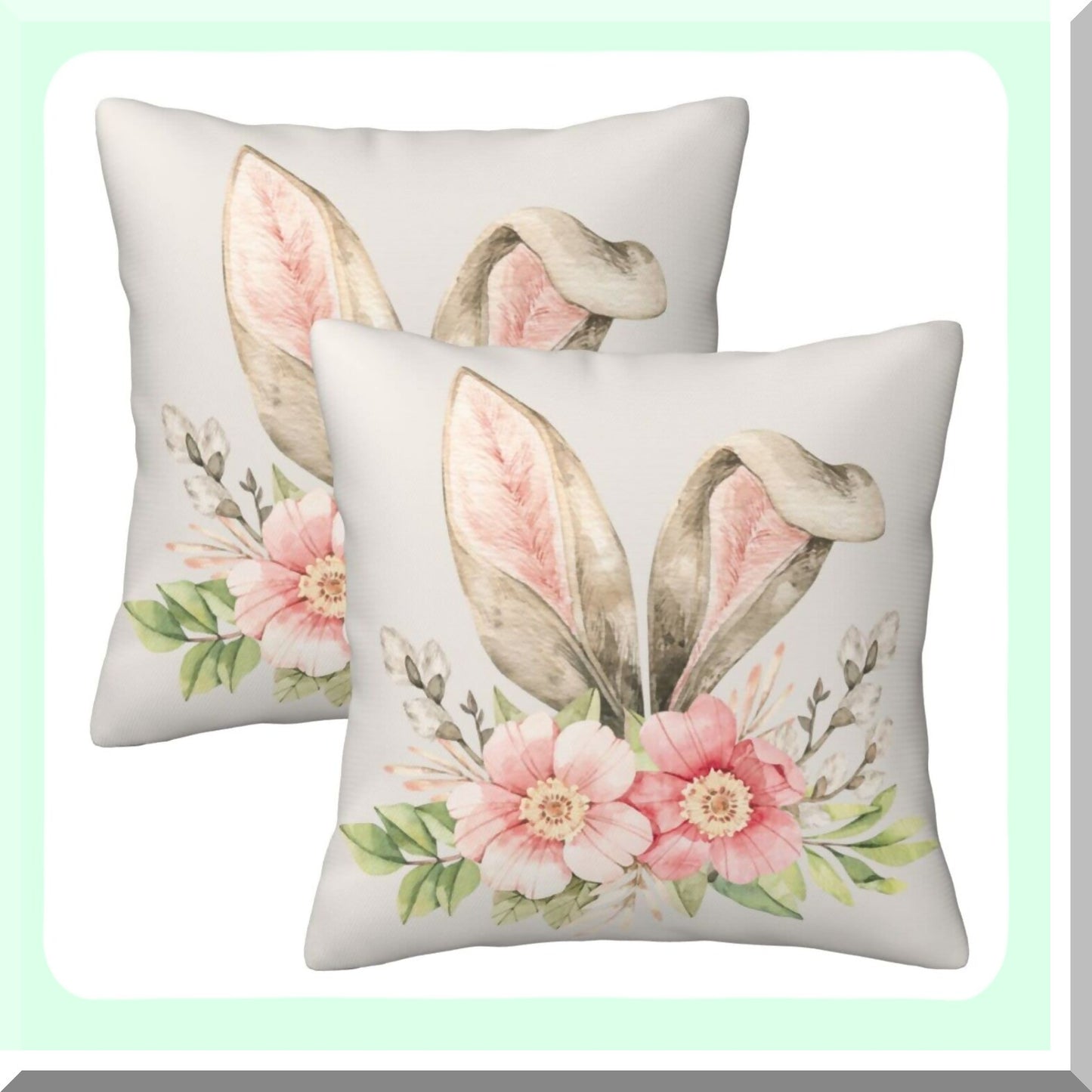 Spring Bunny Pillow Covers - Set of 2, 18x18 Inch Decorative Throw Pillows for Home Couch Sofa Bedding. Flower Linen Square Cushion Cover for Holiday Party.