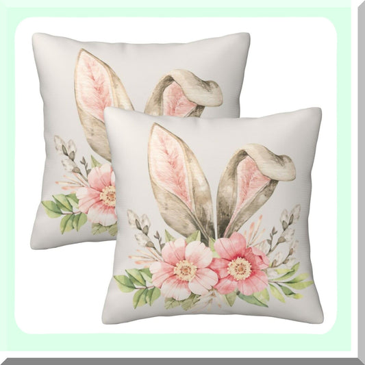 Spring Bunny Pillow Covers - Set of 2, 18x18 Inch Decorative Throw Pillows for Home Couch Sofa Bedding. Flower Linen Square Cushion Cover for Holiday Party.