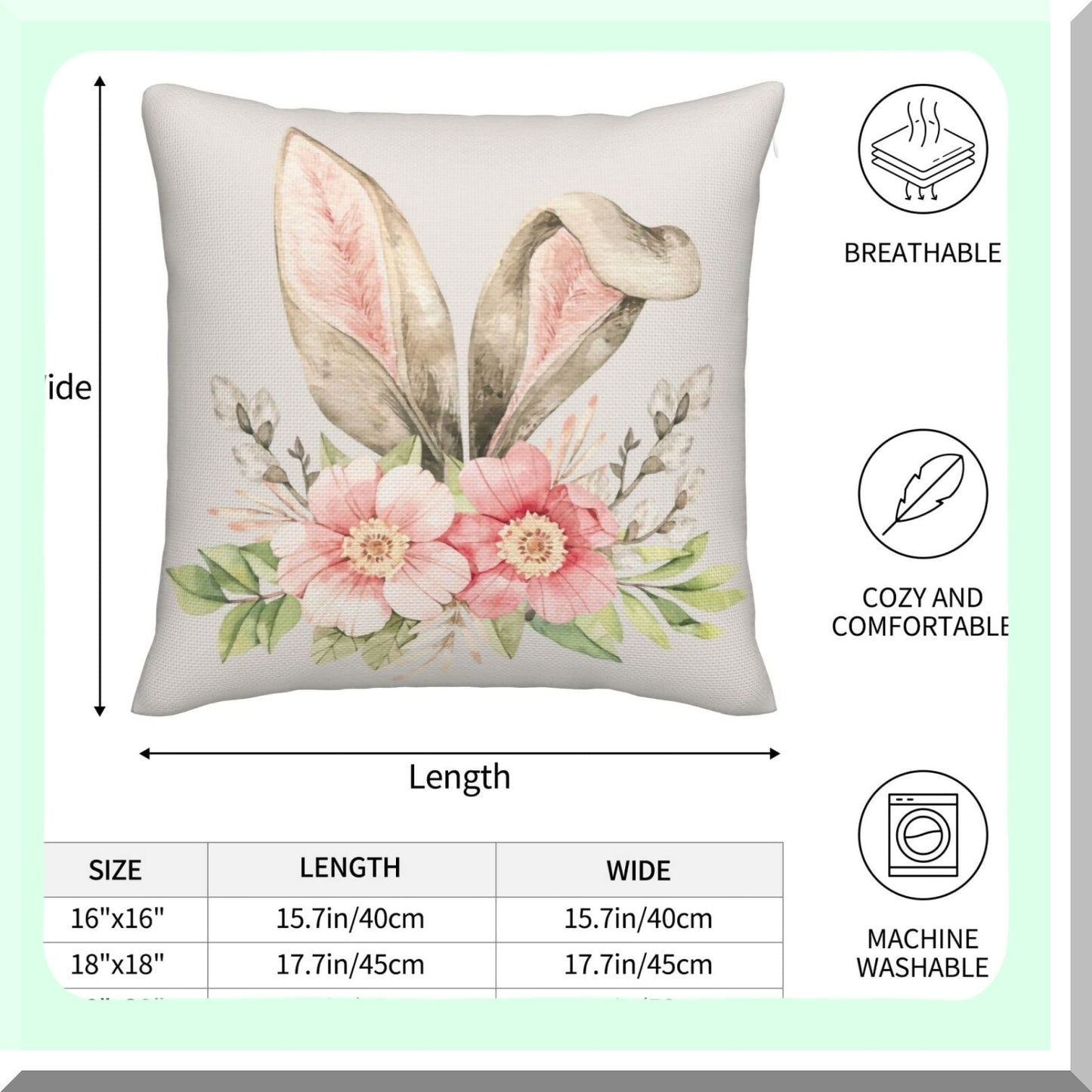 Spring Bunny Pillow Covers - Set of 2, 18x18 Inch Decorative Throw Pillows for Home Couch Sofa Bedding. Flower Linen Square Cushion Cover for Holiday Party.