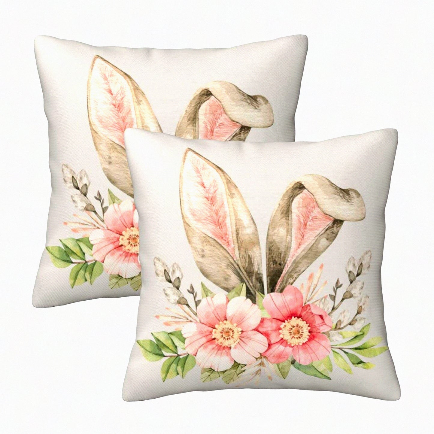 Spring Bunny Pillow Covers - Set of 2, 18x18 Inch Decorative Throw Pillows for Home Couch Sofa Bedding. Flower Linen Square Cushion Cover for Holiday Party.