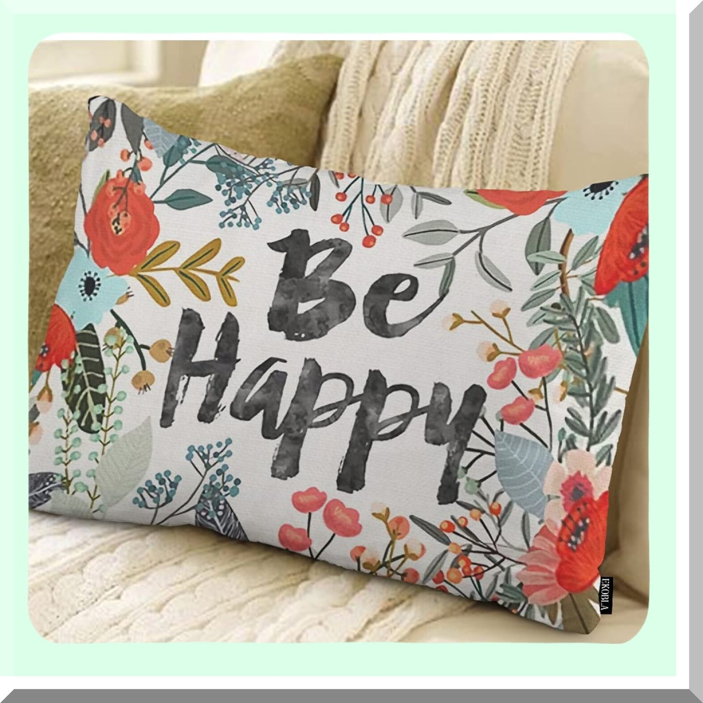 HappyFloral Inspirational Lumbar Pillowcase - Decorative Cotton Linen Cover for Sofa Bed Couch - 12x20 Inches