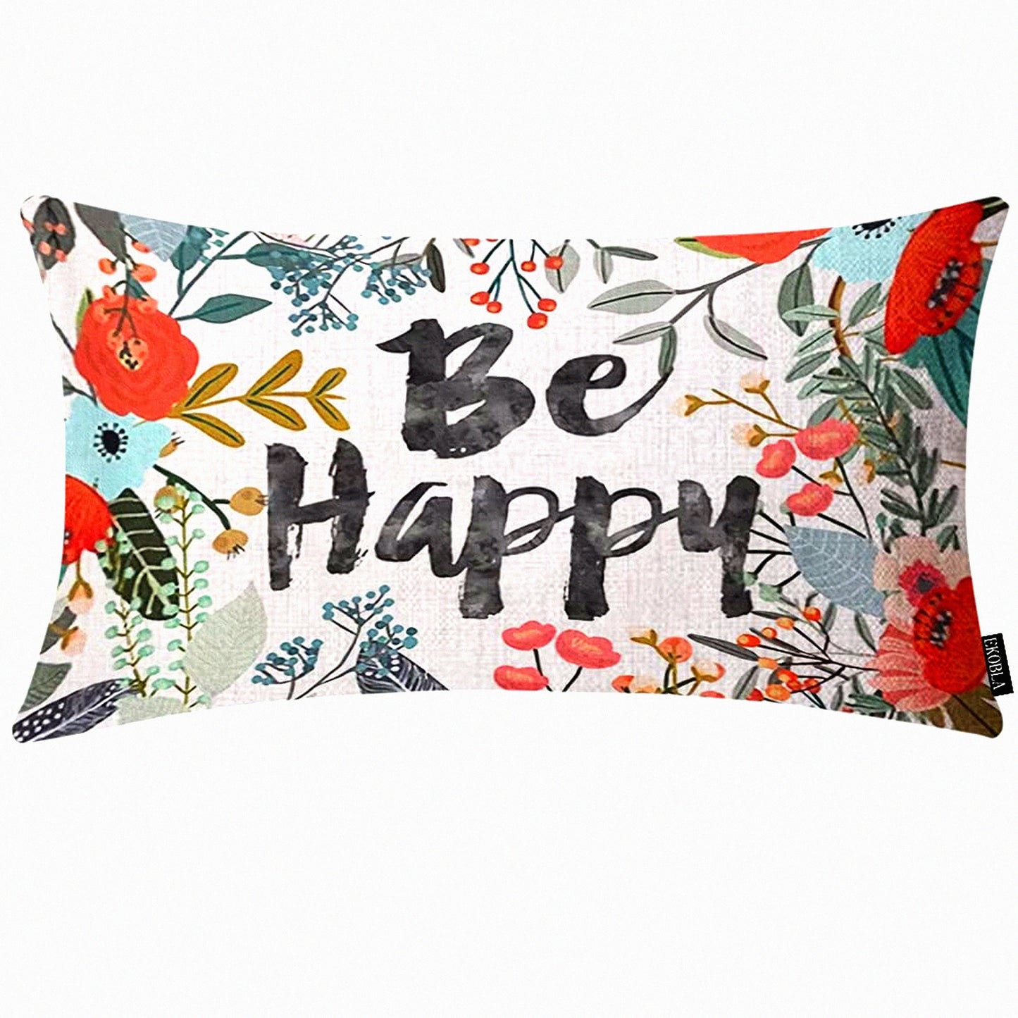 HappyFloral Inspirational Lumbar Pillowcase - Decorative Cotton Linen Cover for Sofa Bed Couch - 12x20 Inches