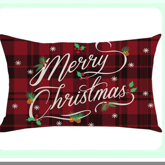 Winter Wonderland Snowflake Plaid Lumbar Pillow Cover - Festive Holiday Home Decor for Sofa, Chair, Bed - Red & Black Cotton Linen Throw Pillow Case 12x20"