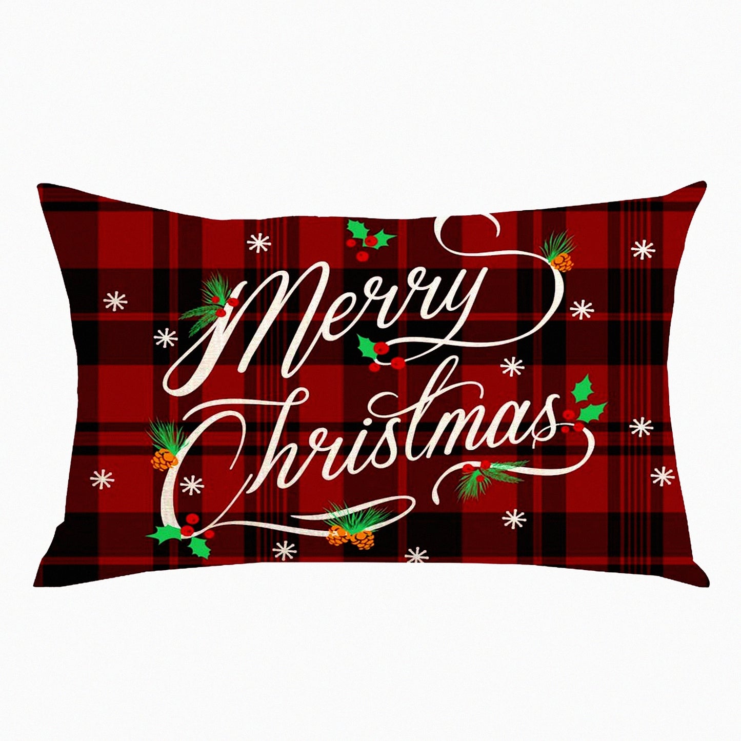 Winter Wonderland Snowflake Plaid Lumbar Pillow Cover - Festive Holiday Home Decor for Sofa, Chair, Bed - Red & Black Cotton Linen Throw Pillow Case 12x20"