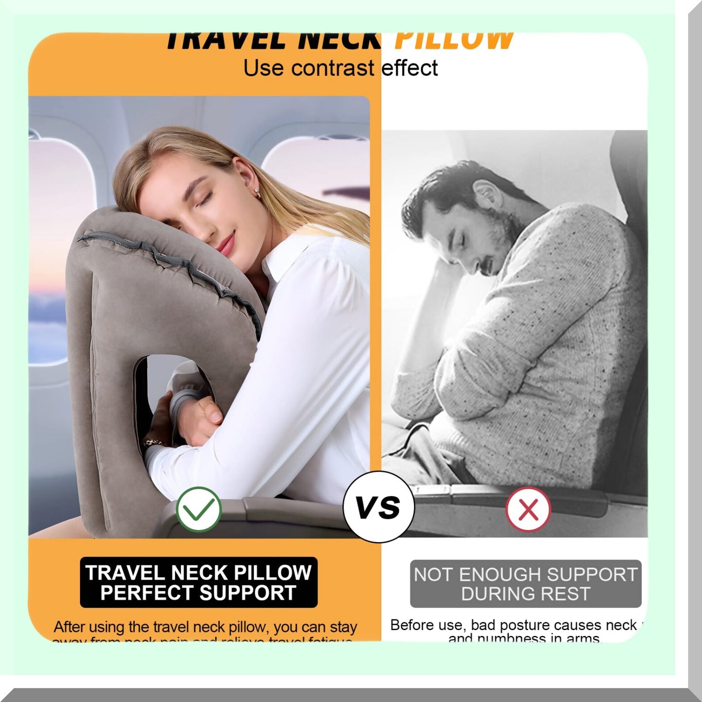 ComfortCloud Travel Pillow - Inflatable Neck Pillow for Airplane Travel, Support Head & Neck, Prevent Shoulder Pain, Sleep Rest, Home & Airplane Use, with Earplugs - Gray