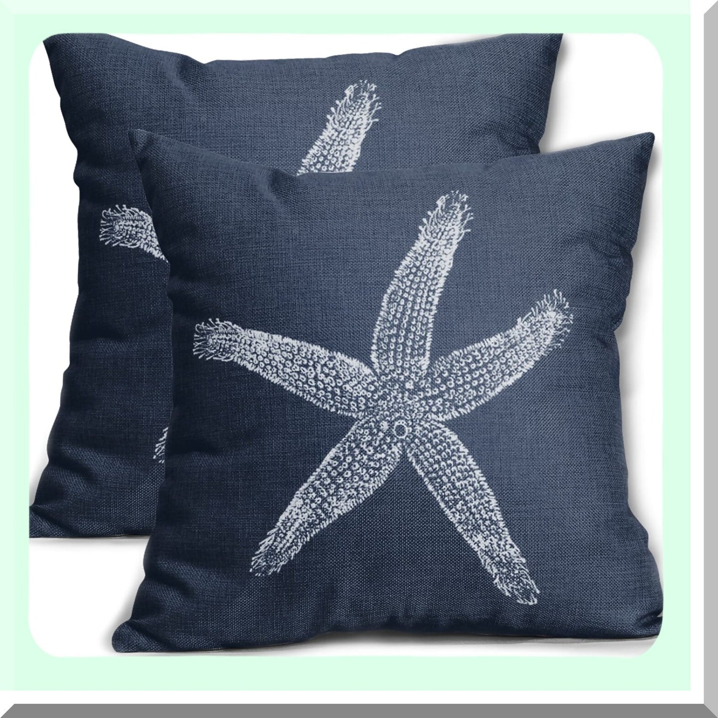 Nautical Starfish Beach Pillow Covers - Coastal Decorative Linen Cushion Cases for Home Bed Sofa - Navy Blue Throw Pillows 20X20 Inch Set of 2