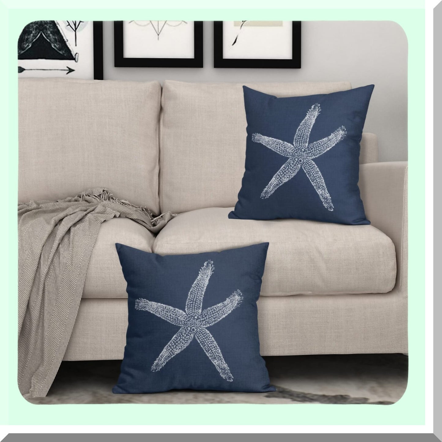 Nautical Starfish Beach Pillow Covers - Coastal Decorative Linen Cushion Cases for Home Bed Sofa - Navy Blue Throw Pillows 20X20 Inch Set of 2