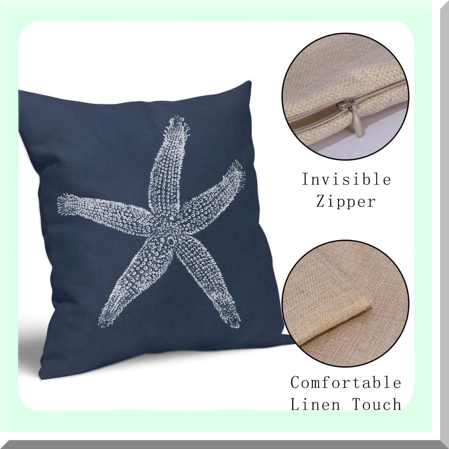 Nautical Starfish Beach Pillow Covers - Coastal Decorative Linen Cushion Cases for Home Bed Sofa - Navy Blue Throw Pillows 20X20 Inch Set of 2