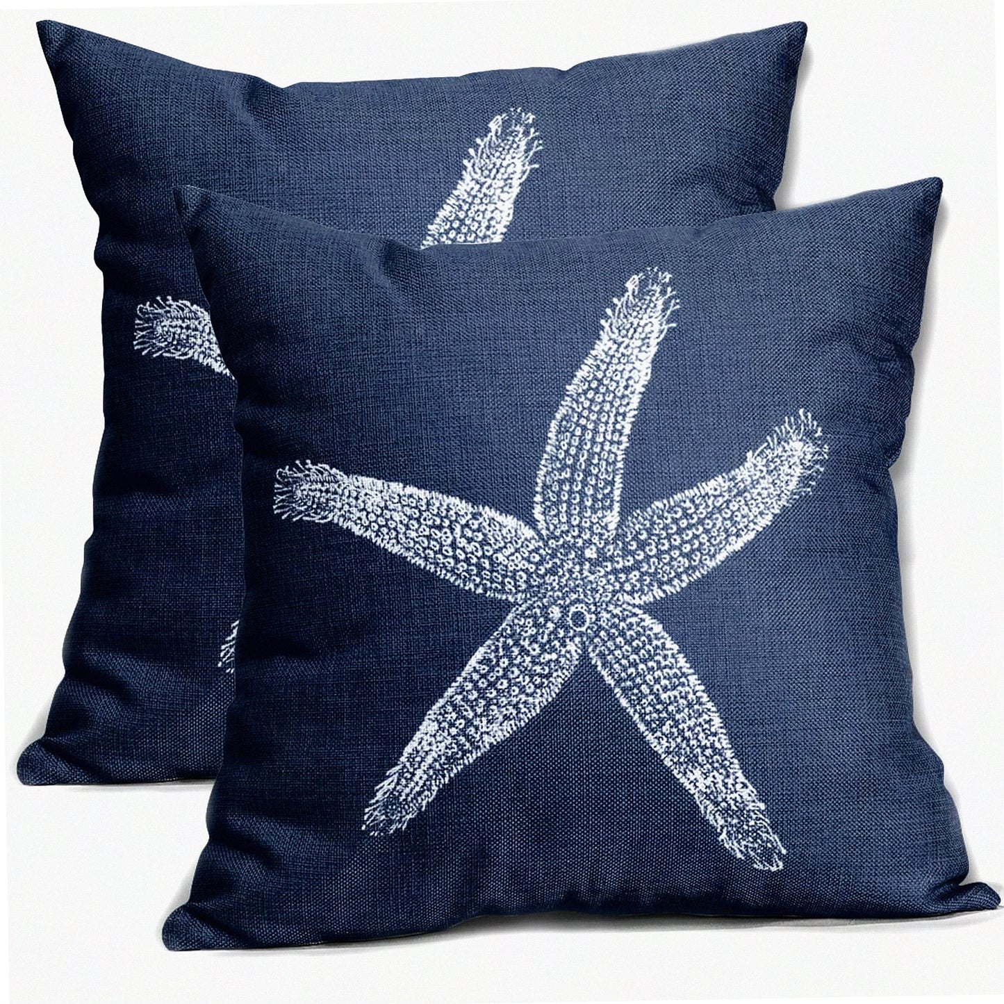 Nautical Starfish Beach Pillow Covers - Coastal Decorative Linen Cushion Cases for Home Bed Sofa - Navy Blue Throw Pillows 20X20 Inch Set of 2