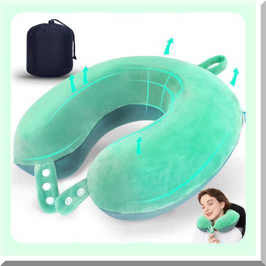 MemoryCloud Travel Neck Pillow - Ultimate Head Support for Airplane, Car, and Home Recliner - Soft & Adjustable Green Pillow for Comfortable Travel