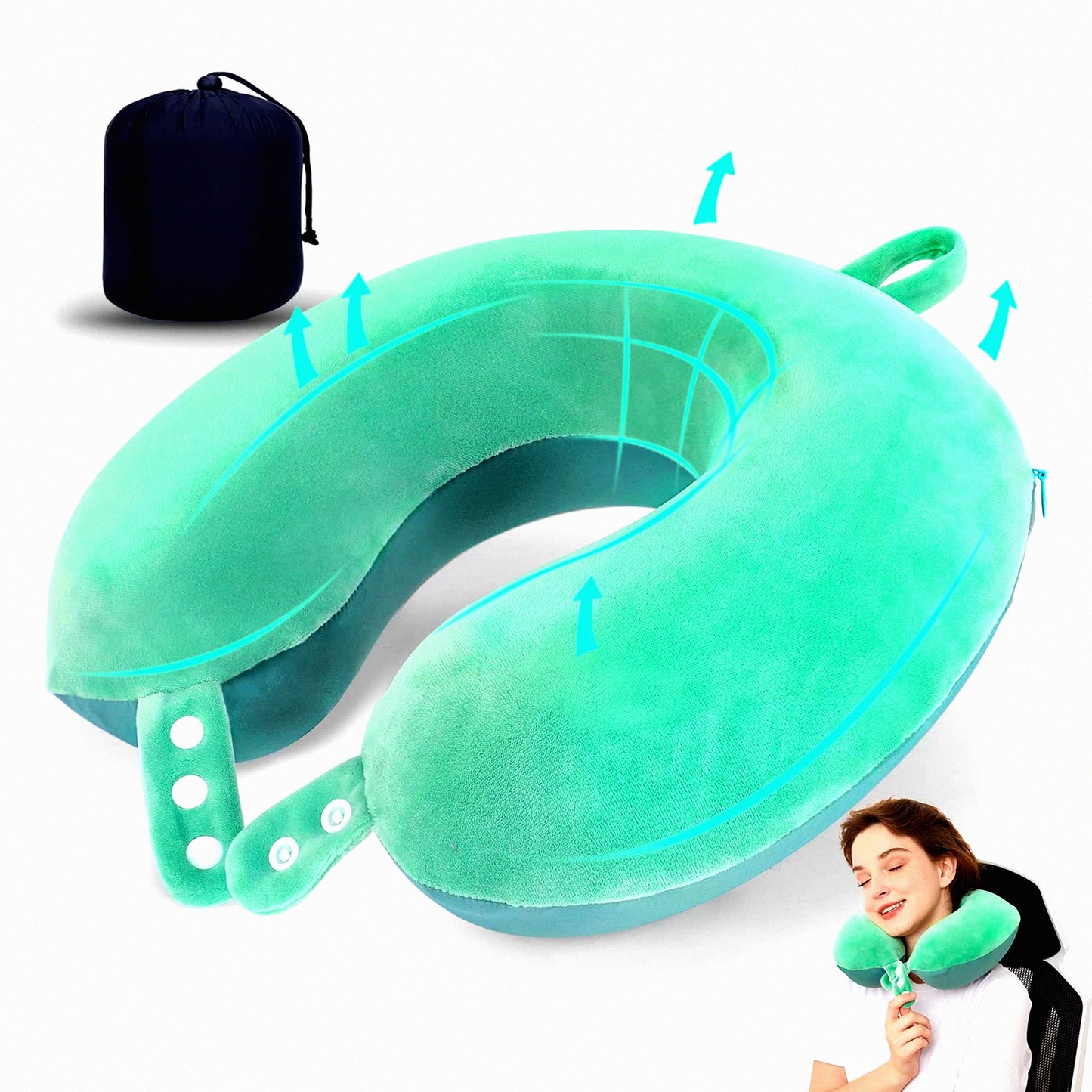 MemoryCloud Travel Neck Pillow - Ultimate Head Support for Airplane, Car, and Home Recliner - Soft & Adjustable Green Pillow for Comfortable Travel