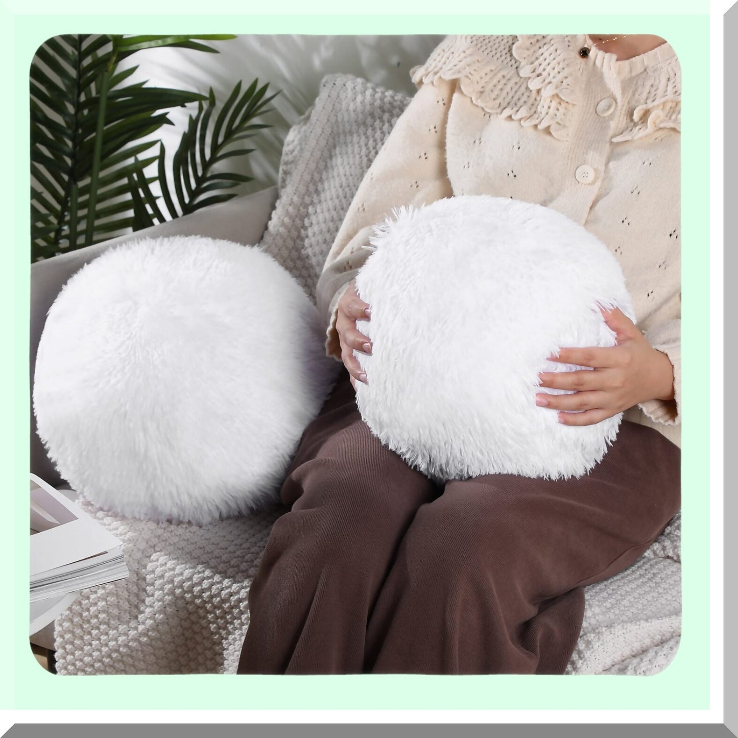 Plush Circle Decor Pillow Set - Soft Round Ball Throw Pillows for Bedroom, Living Room, Office, School, Couch, Chair, Bed Decor - 10 Inch Spherical Fuzzy Cushions (White, 2 Pieces)