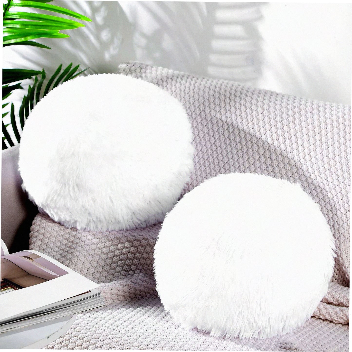Plush Circle Decor Pillow Set - Soft Round Ball Throw Pillows for Bedroom, Living Room, Office, School, Couch, Chair, Bed Decor - 10 Inch Spherical Fuzzy Cushions (White, 2 Pieces)