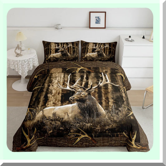 Woodland Lodge Antlers Comforter Set - Rustic Deer Elk Moose Bedding with Farmhouse Quilt and Hunting Animal Duvet Insert. Perfect for Cabin Decor!