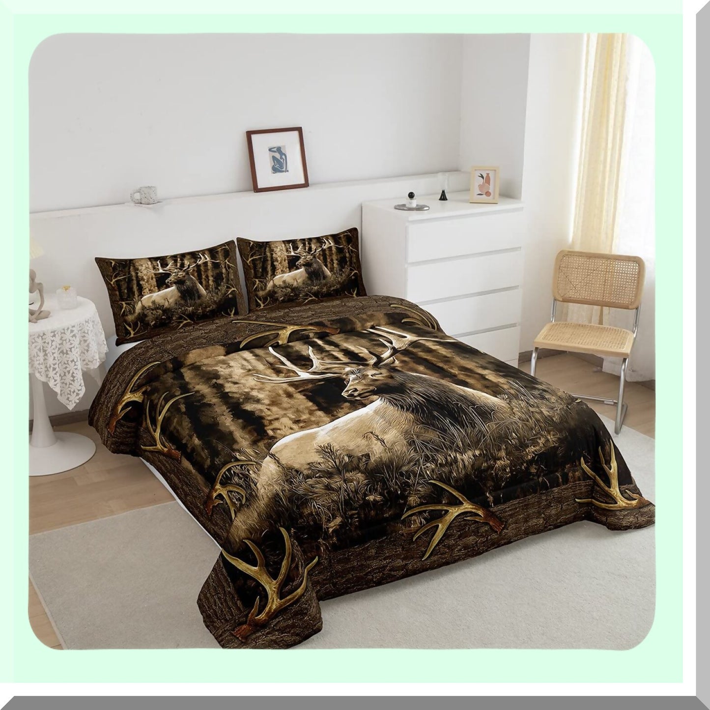 Woodland Lodge Antlers Comforter Set - Rustic Deer Elk Moose Bedding with Farmhouse Quilt and Hunting Animal Duvet Insert. Perfect for Cabin Decor!