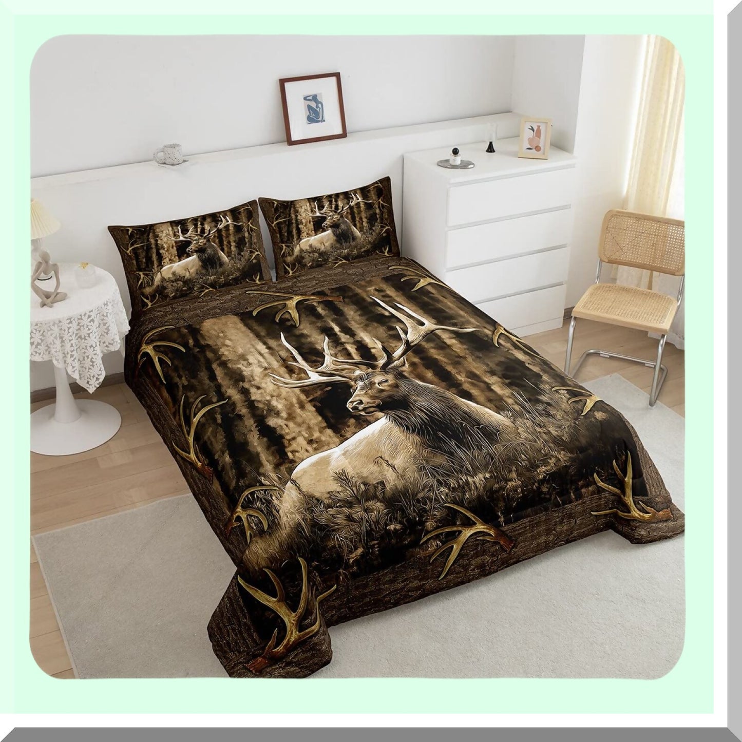 Woodland Lodge Antlers Comforter Set - Rustic Deer Elk Moose Bedding with Farmhouse Quilt and Hunting Animal Duvet Insert. Perfect for Cabin Decor!
