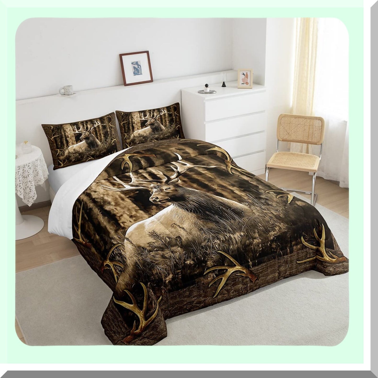 Woodland Lodge Antlers Comforter Set - Rustic Deer Elk Moose Bedding with Farmhouse Quilt and Hunting Animal Duvet Insert. Perfect for Cabin Decor!