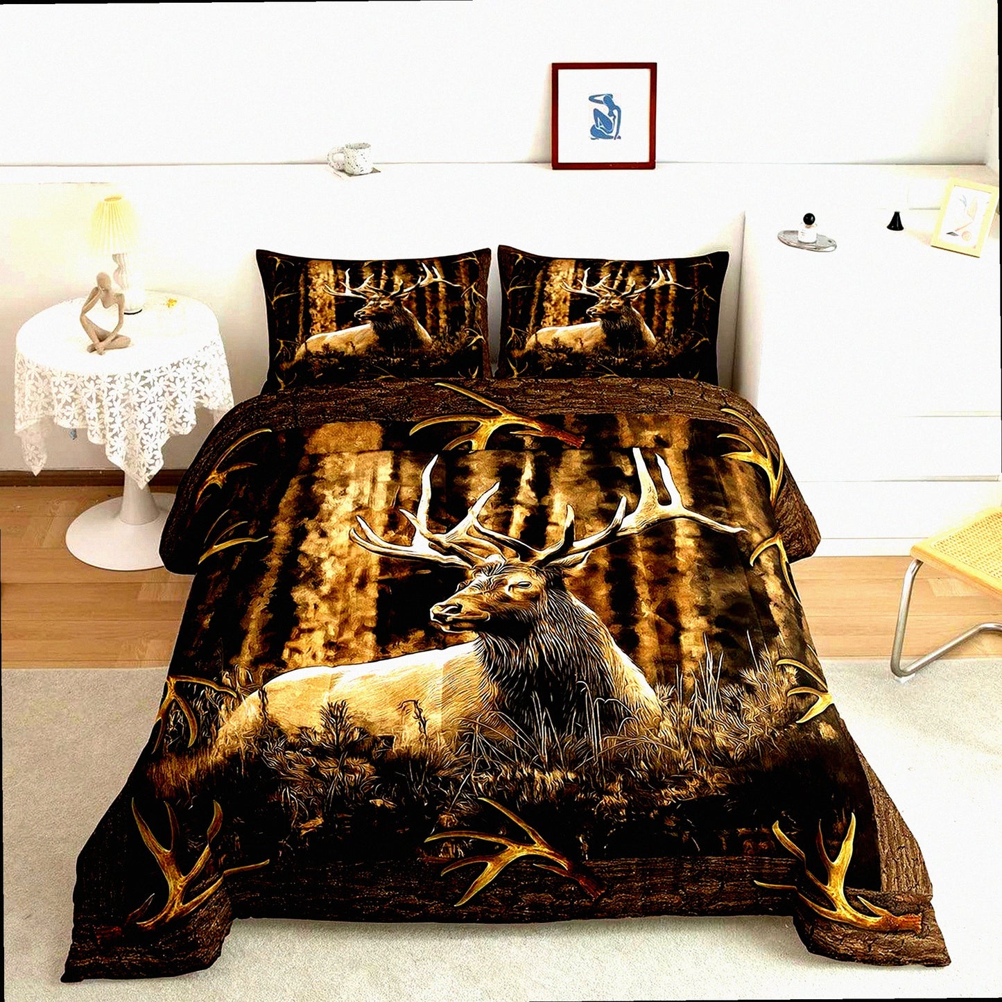 Woodland Lodge Antlers Comforter Set - Rustic Deer Elk Moose Bedding with Farmhouse Quilt and Hunting Animal Duvet Insert. Perfect for Cabin Decor!