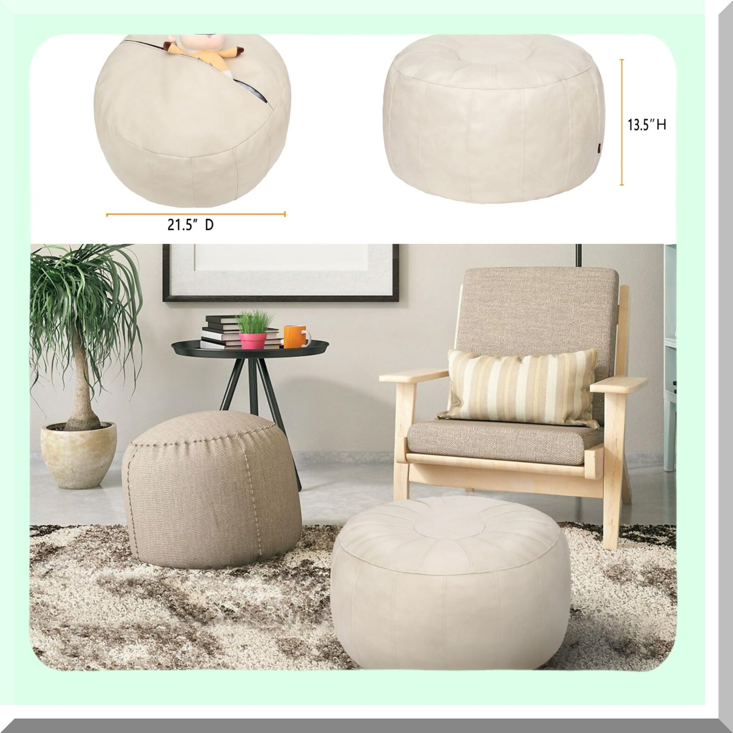 Moroccan Ivory Ottoman Pouf Storage Bag - Footstool Bean Chair