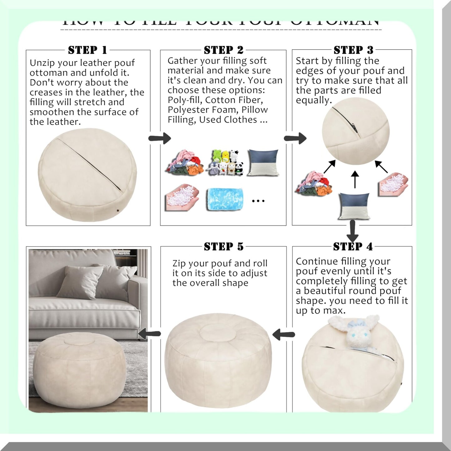 Moroccan Ivory Ottoman Pouf Storage Bag - Footstool Bean Chair