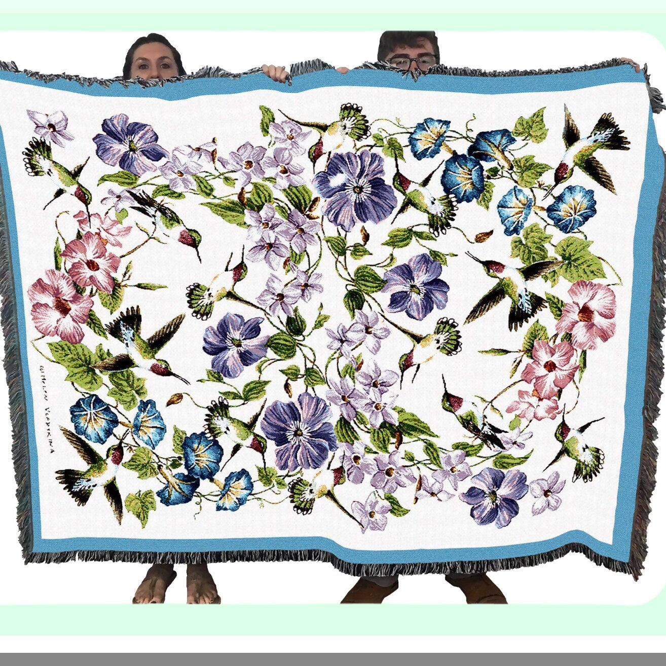 Bird Garden Bliss: Floral Hummingbird Cotton Tapestry Throw - 72x54 USA Made